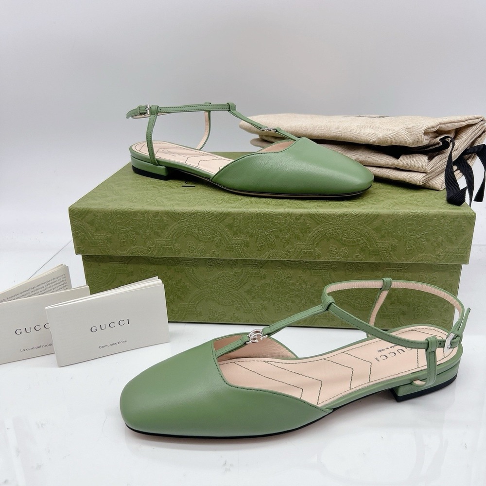 GUCCI Women Ballet Flat DOUBLE G INTERLOCKING LOGO Slingback Green Leather EU 36 - Picture 11 of 11